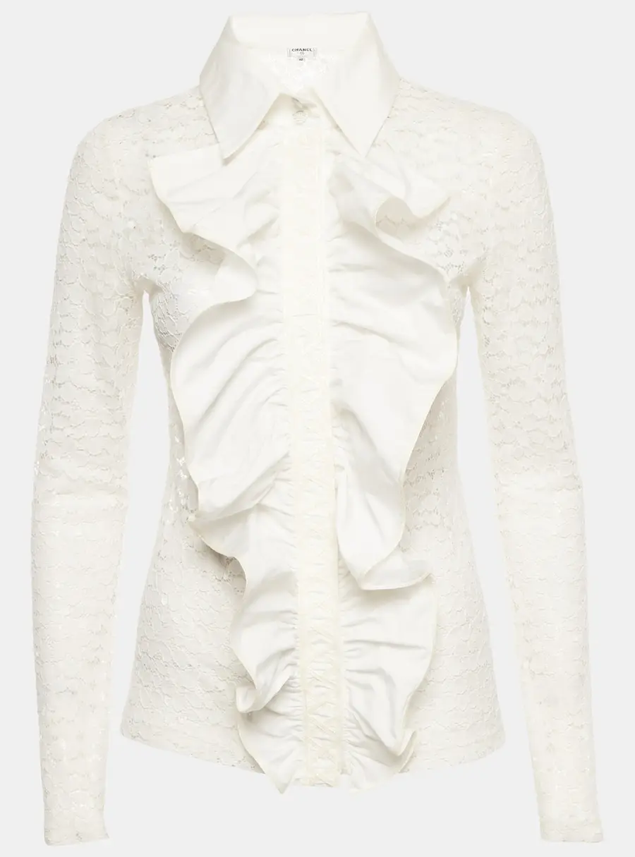 Chanel White Lace Ruffled Button Down Blouse M