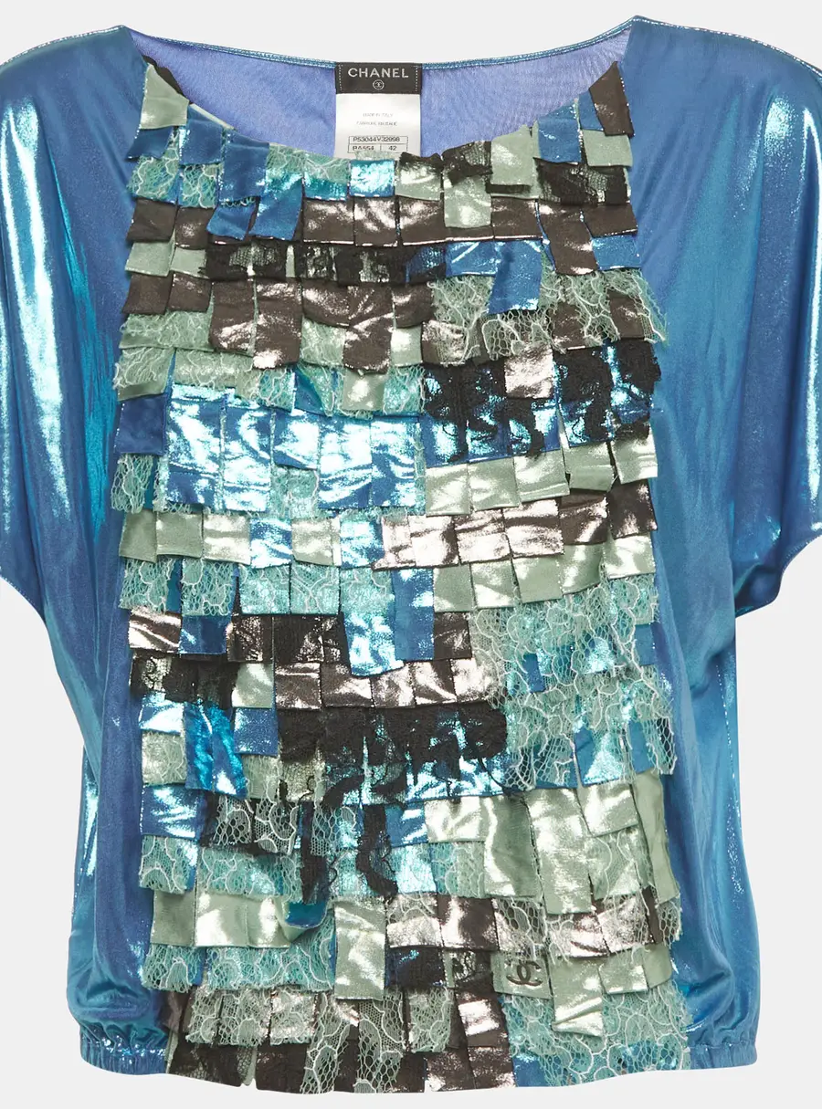 Chanel Blue Metallic Mosaic Lace Fringed Crewneck Top L