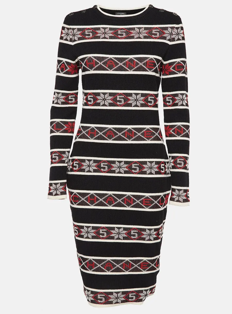 Chanel Black Stipe Pattern Rib Knit Bodycon Dress M