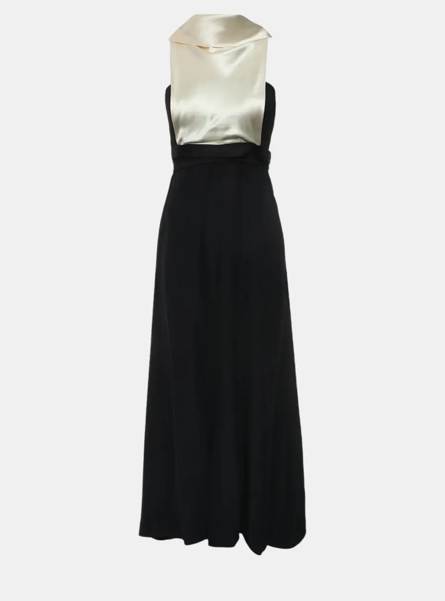 Chanel Vintage 94P Beige Black Satin Cowl Neck Two -Tone Midi Dress M