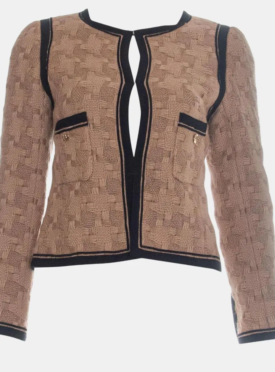 Chanel 08A Woven Wool Round Neck Jacket S Brown Clothes Women