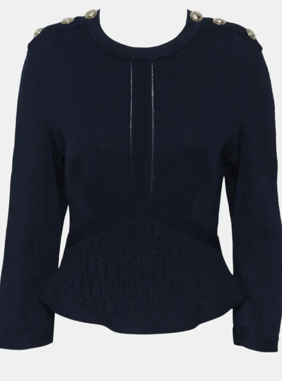 Chanel 21C Capri Pointelle Dark Blue Cotton Gold CC Button Women's Peplum Sweater S