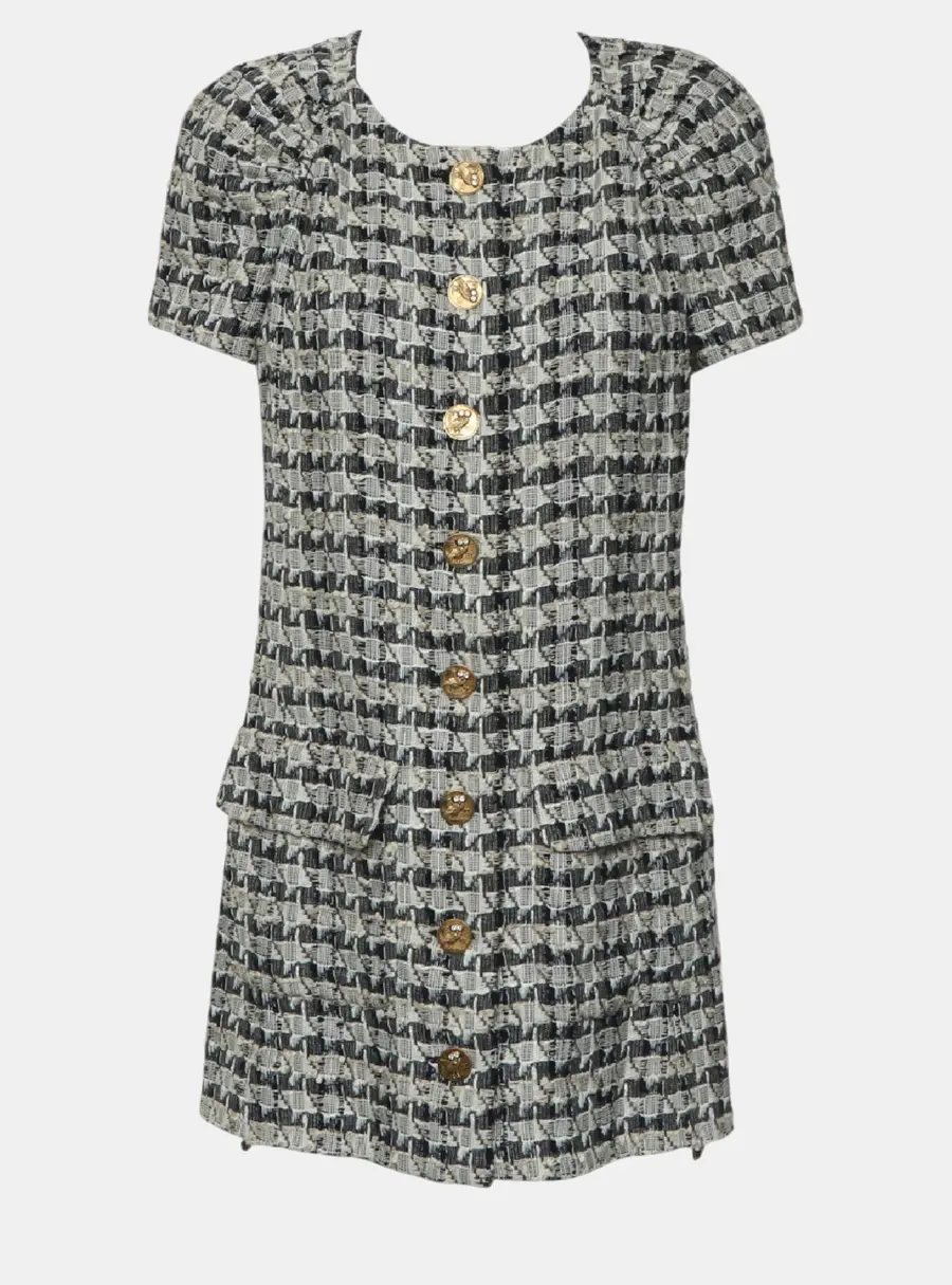 Chanel Navy Blue, White Tweed Button Up Dress M