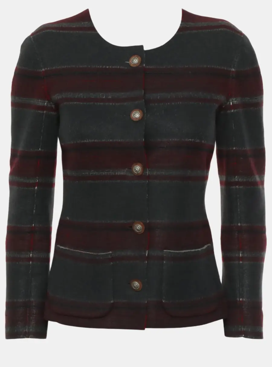 Chanel Black, Grey, Red Cashmere Tricolour Button Stripes Jacket S