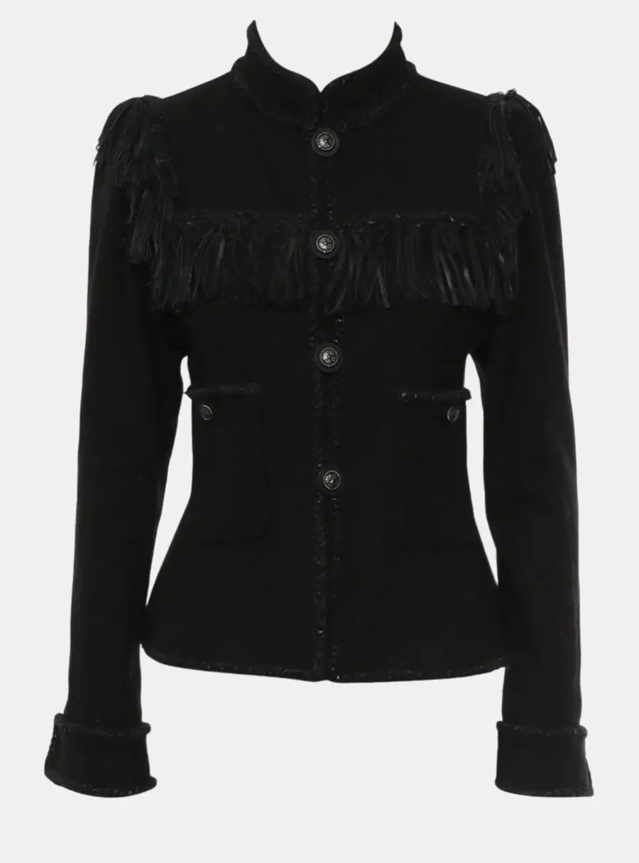 Chanel Paris -Dallas 2014 Leather Fringe Wool Jacket 38 Black
