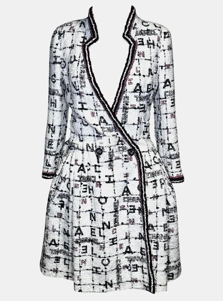 Chanel Alphabet Typographic 20S White Black Polyamide Tweed Midi Dress Coat