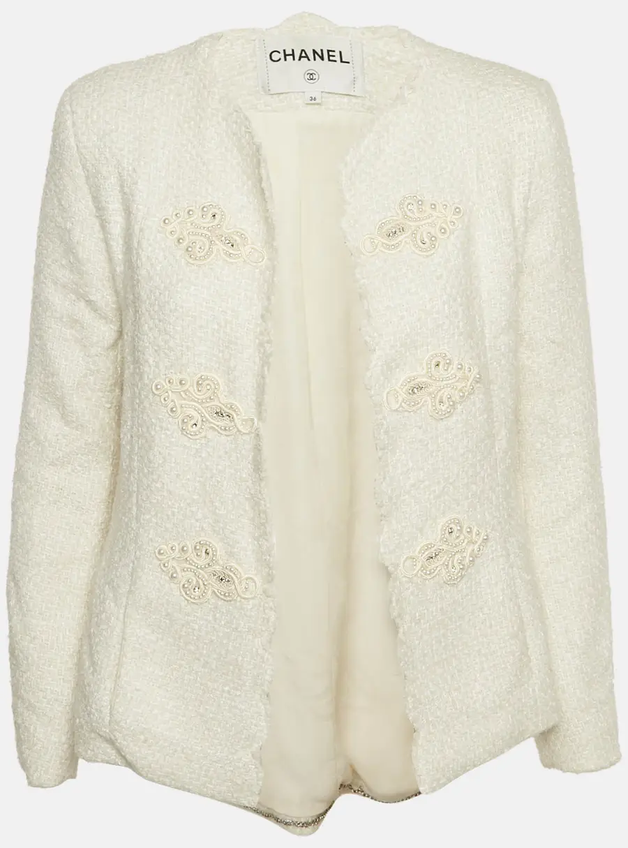 Chanel White Tweed Beads Embellished Jacket S