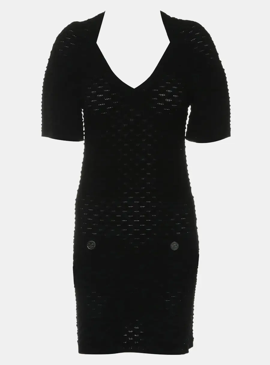 Chanel 15C Dubai Textured Knit Black Viscose Polyester Women's Mini Dress Size S