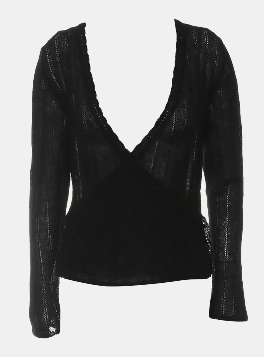 Chanel Black Mohair Blend Pointelle Lace Trim V Neck Women's Cardigan