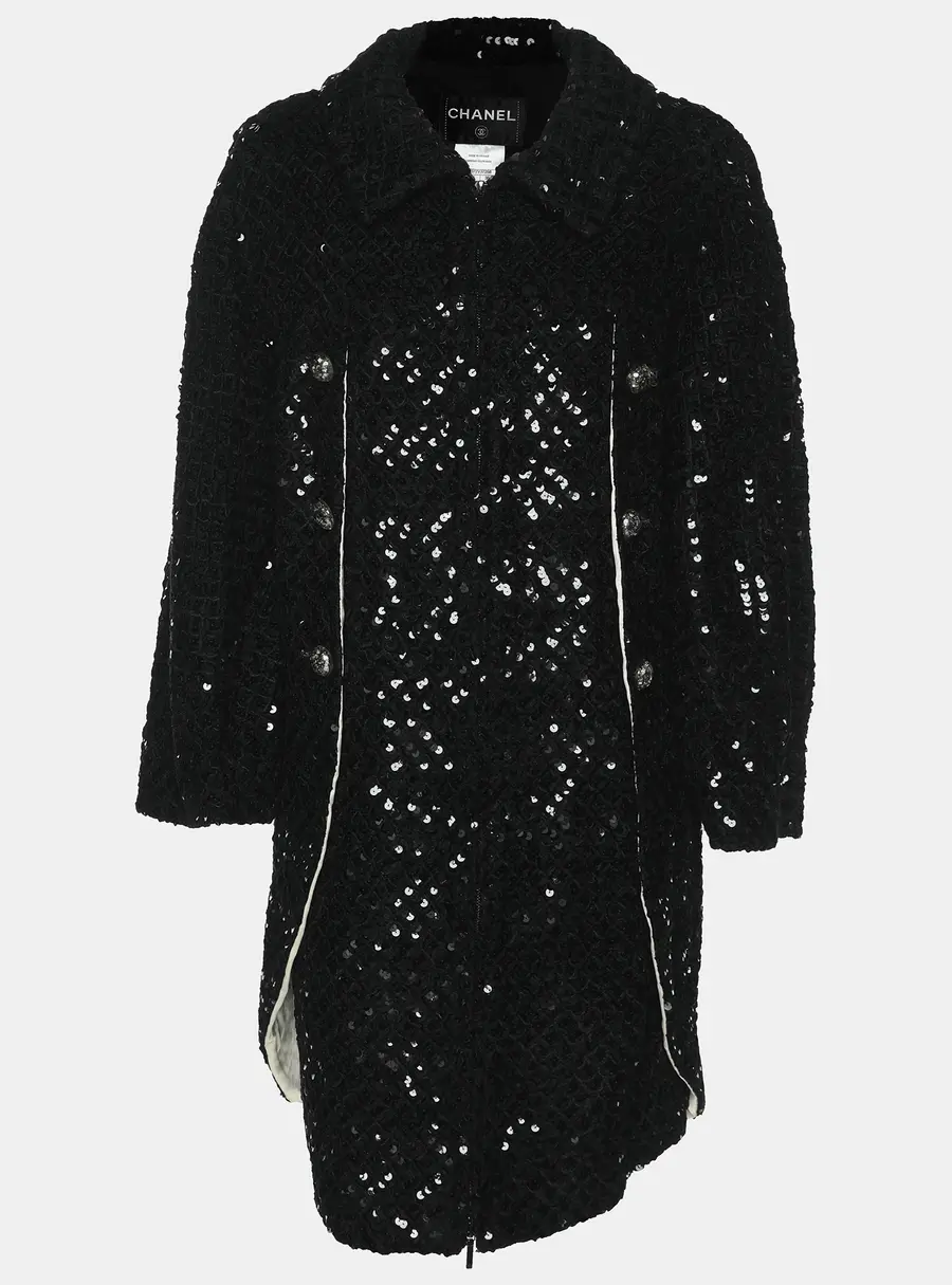 Chanel Black Sequin Tweed Camelia Coat M