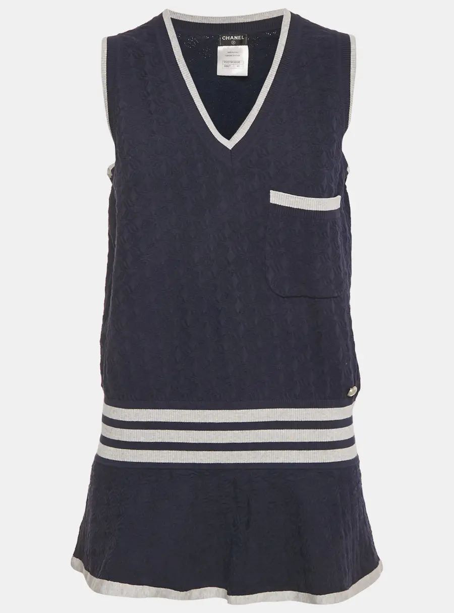 Chanel Navy Blue Patterned Cotton Knit Flared Long Vest M
