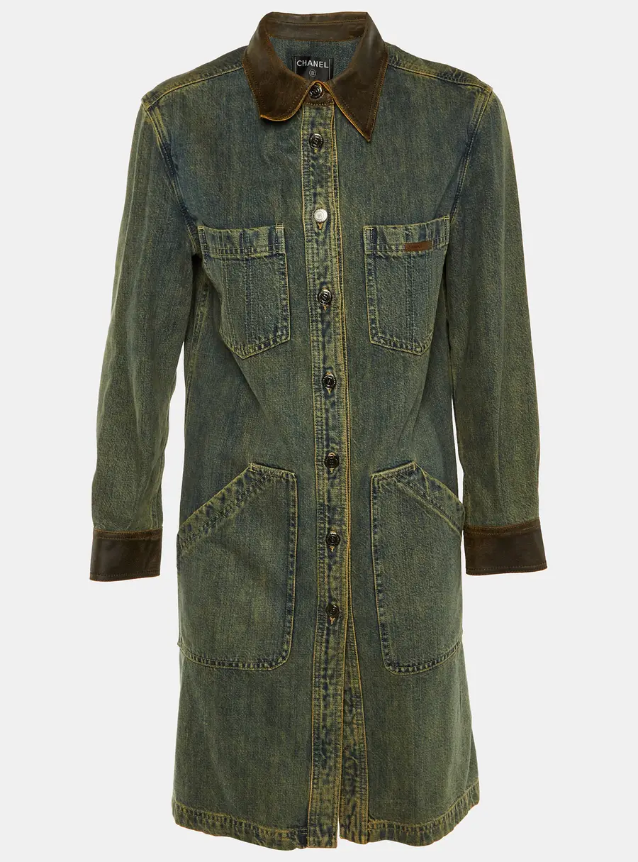 Chanel Blue Denim & Leather Collar Button Front Coat M