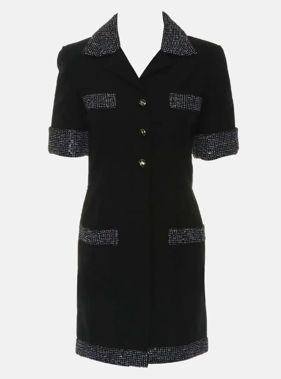 Chanel Tweed Trim Cotton Black Women's Short Sleeve Dress S
