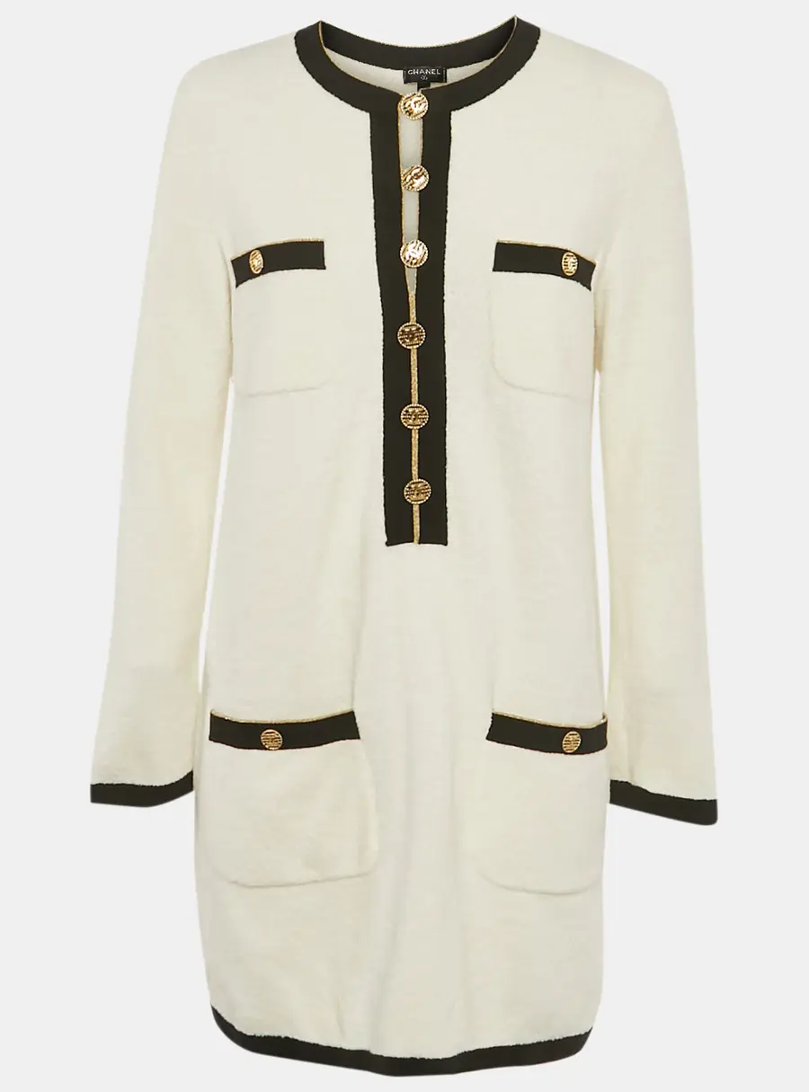 Chanel White Cotton Terry Button Detail Mini Dress M