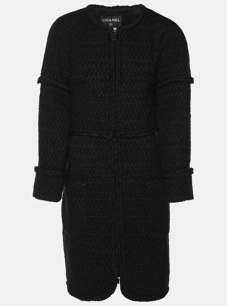 Chanel Black Tweed Mid Length Coat L