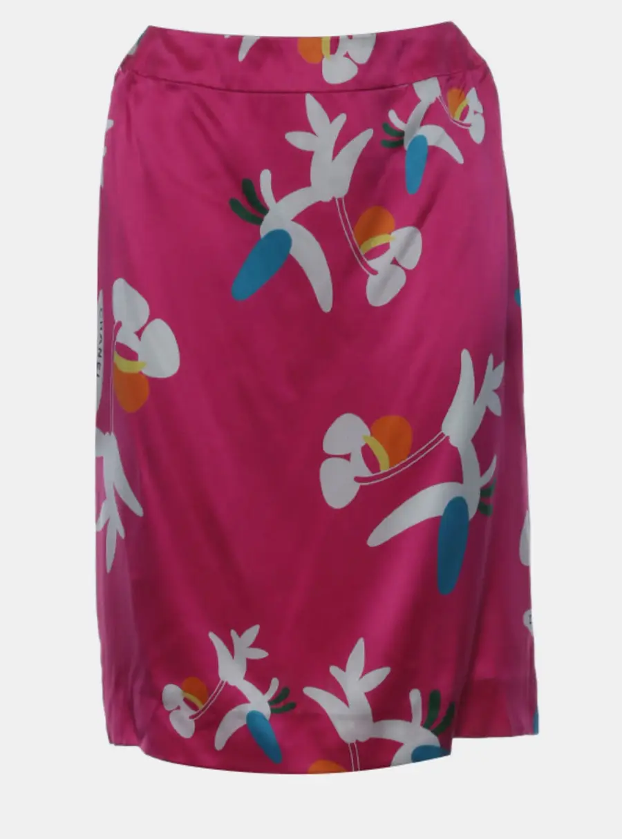 Chanel Pink Floral Logo Printed Silk Skirt S