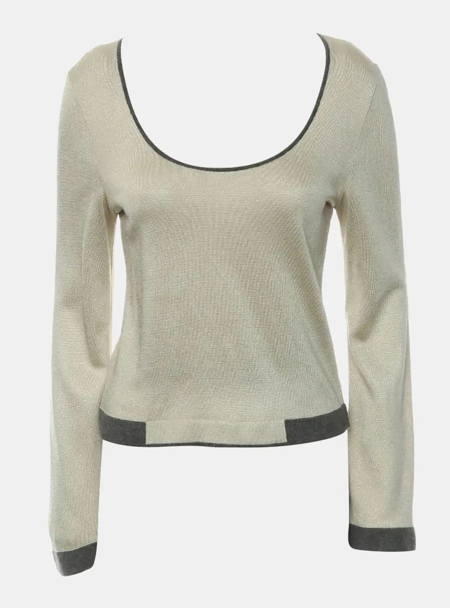 Chanel Contrast Trim Beige Viscose Blend Long Sleeve Knitted Top S