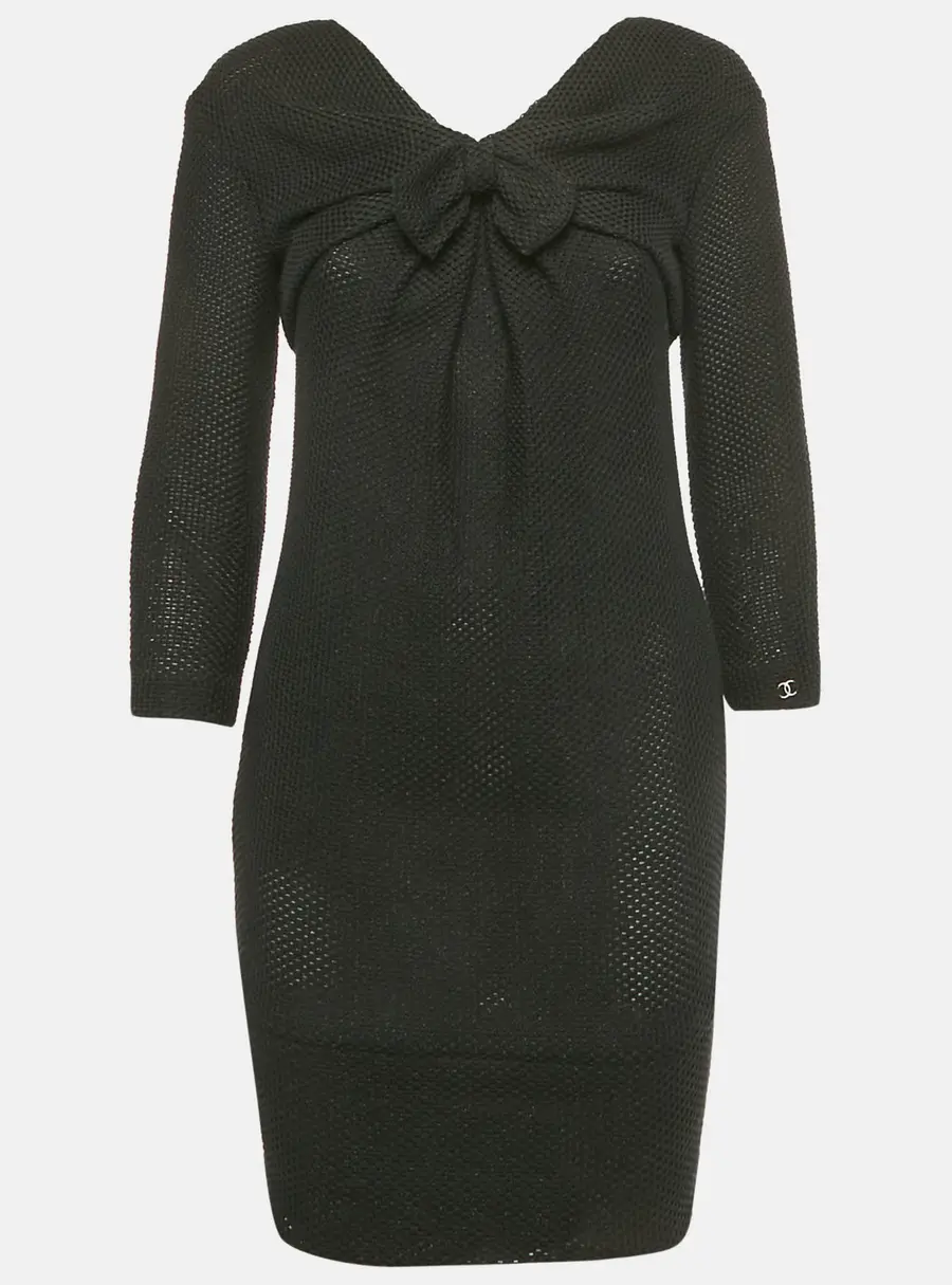 Chanel Vintage Black Cotton Knit Bow Detail Mini Dress S