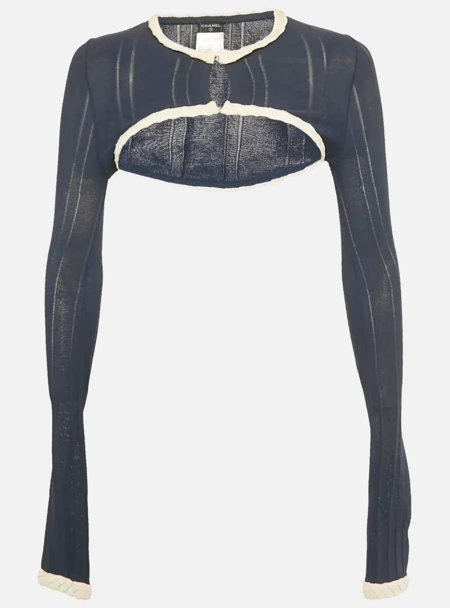 Chanel Navy Blue Knit Long Sleeve Crop Top S