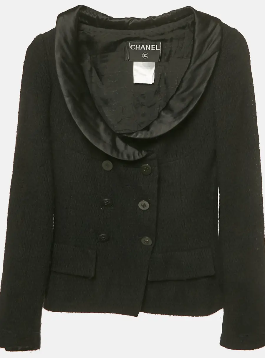 Chanel Black Satin Collar Tweed Jacket S