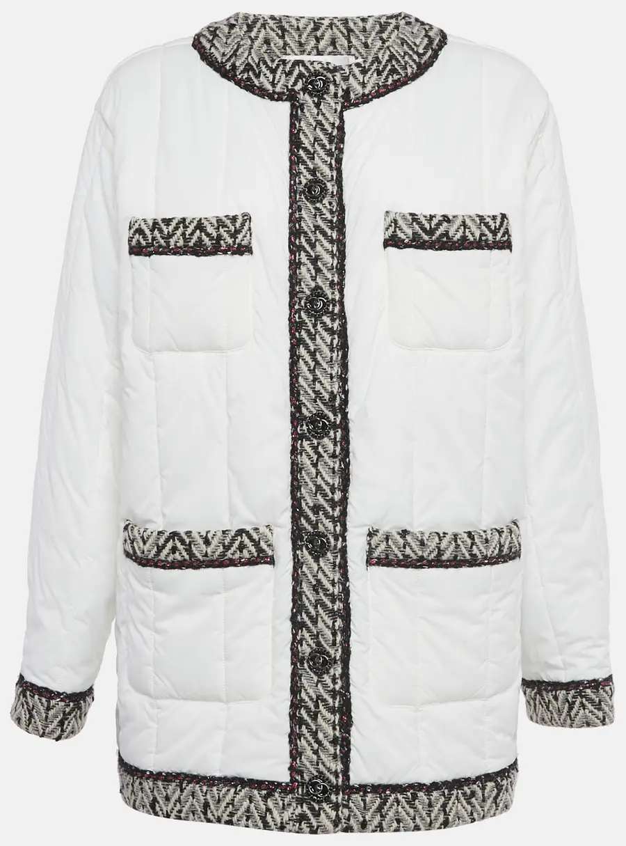 Chanel White Tweed Trim Nylon Puffer Jacket XL