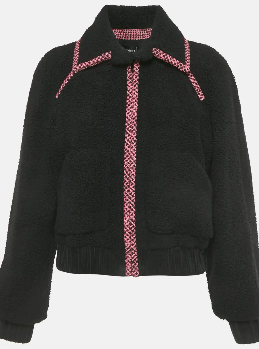 Chanel Black Logo Embroidered Shearling Zip-Up Jacket S