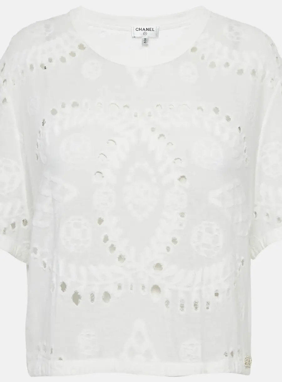 Chanel White Broderie Anglaise Jersey Crop Top M