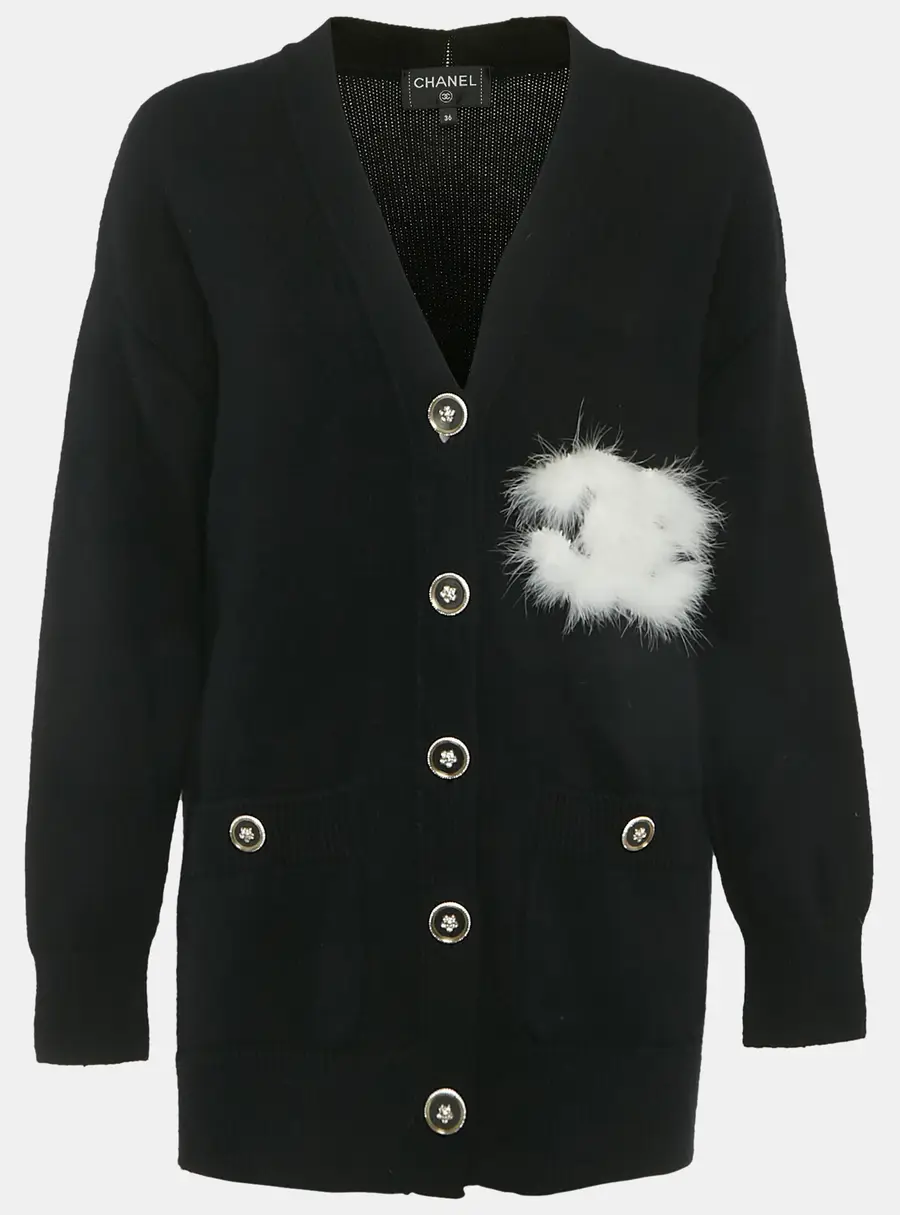 Chanel Black CC Feather Trim Cashmere Cardigan S