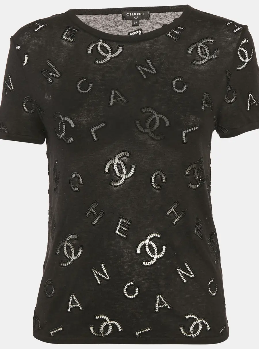 Chanel Black CC Logo Embroidered Eyelet Cotton Blend Short Sleeve T-Shirt S