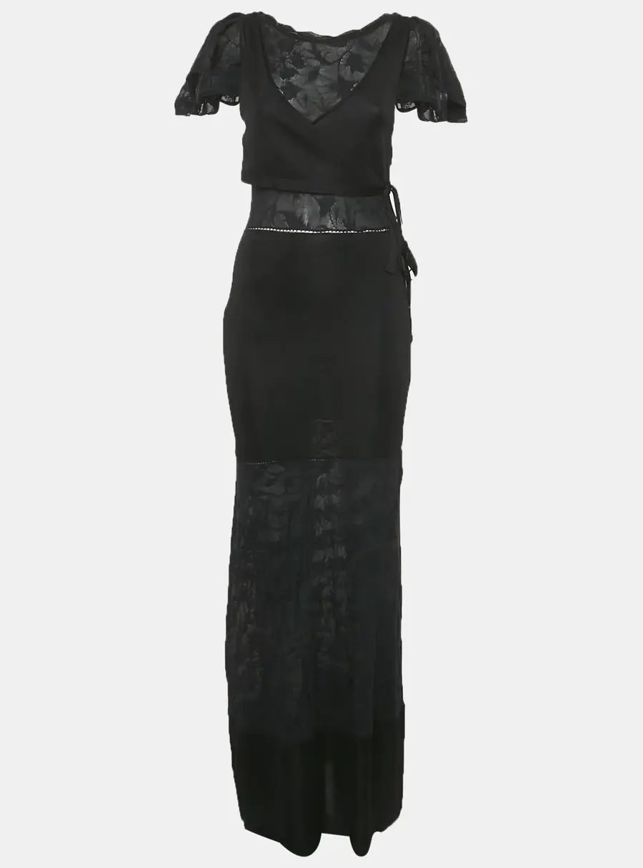 Chanel Black Jersey & Lace Detail Maxi Dress S