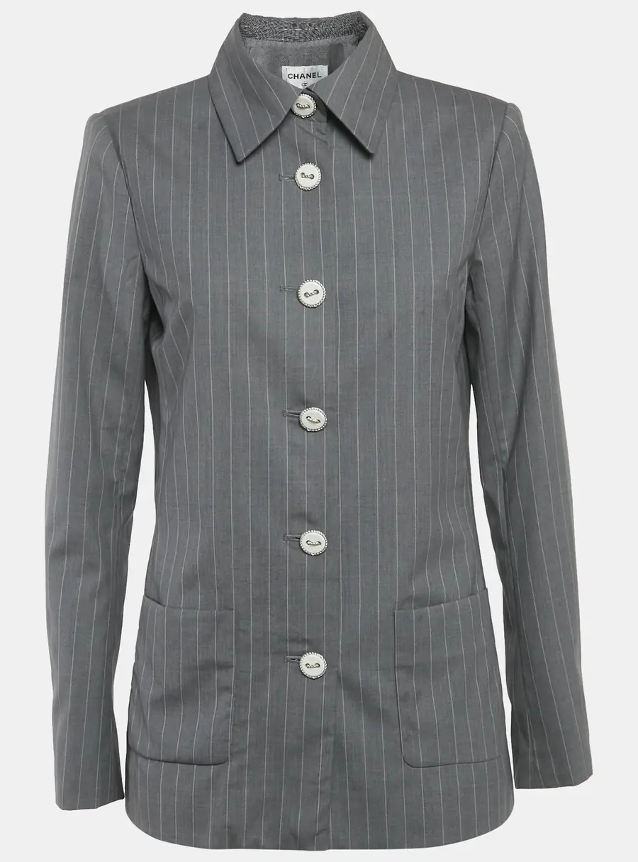 Chanel Grey Striped Wool Jacket M