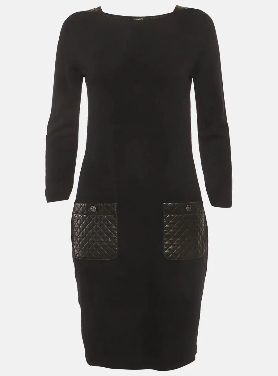 Chanel Black Leather Trim Cashmere Mini Dress M