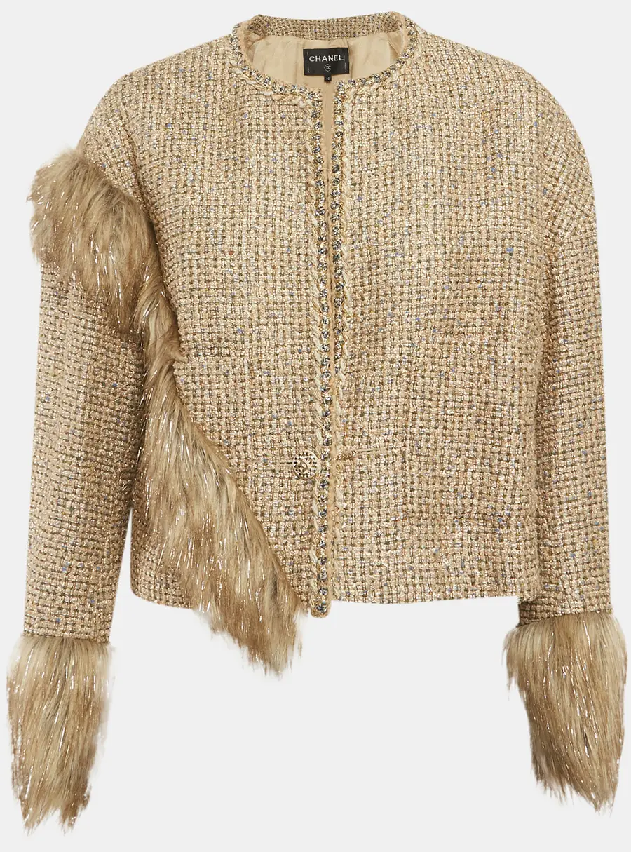 Chanel Beige/Gold Tweed Faux Fur Trim Jacket M