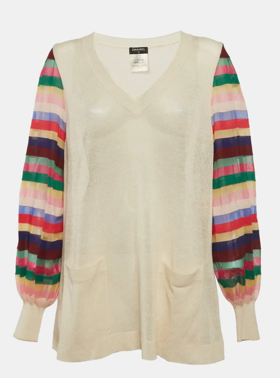 Chanel Beige Silk Knit V-Neck Sweatshirt L