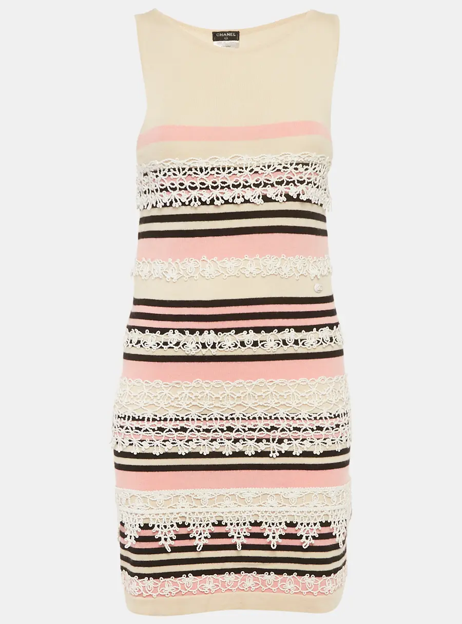 Chanel Pink Striped Knit Lace Trim Mini Dress S
