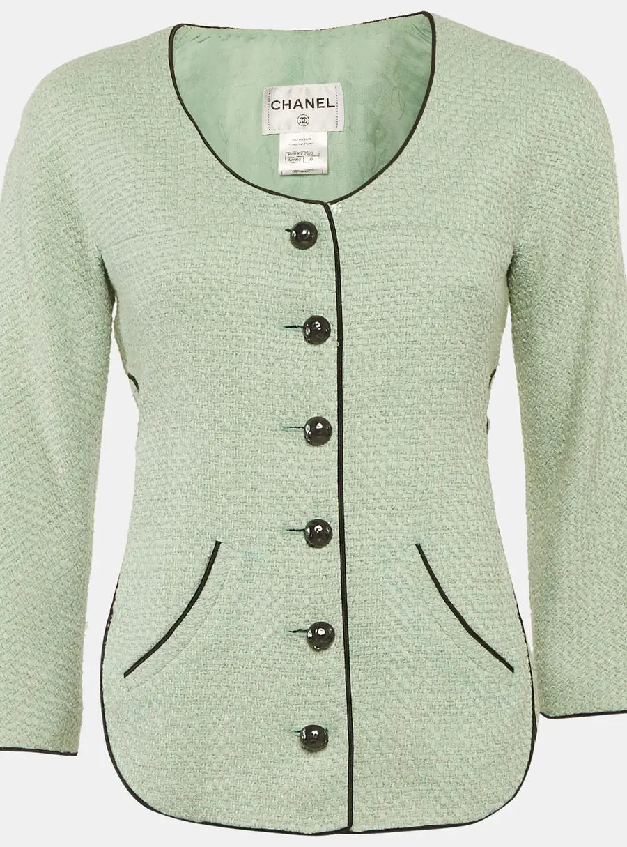 Chanel Green Tweed Belted Jacket S