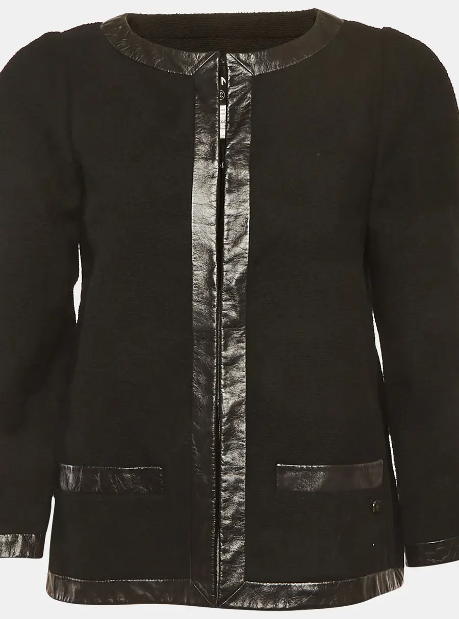 Chanel Black Tweed Leather Trim Jacket M