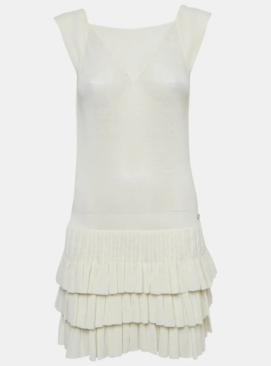 Chanel White Knit Tiered Mini Dress S