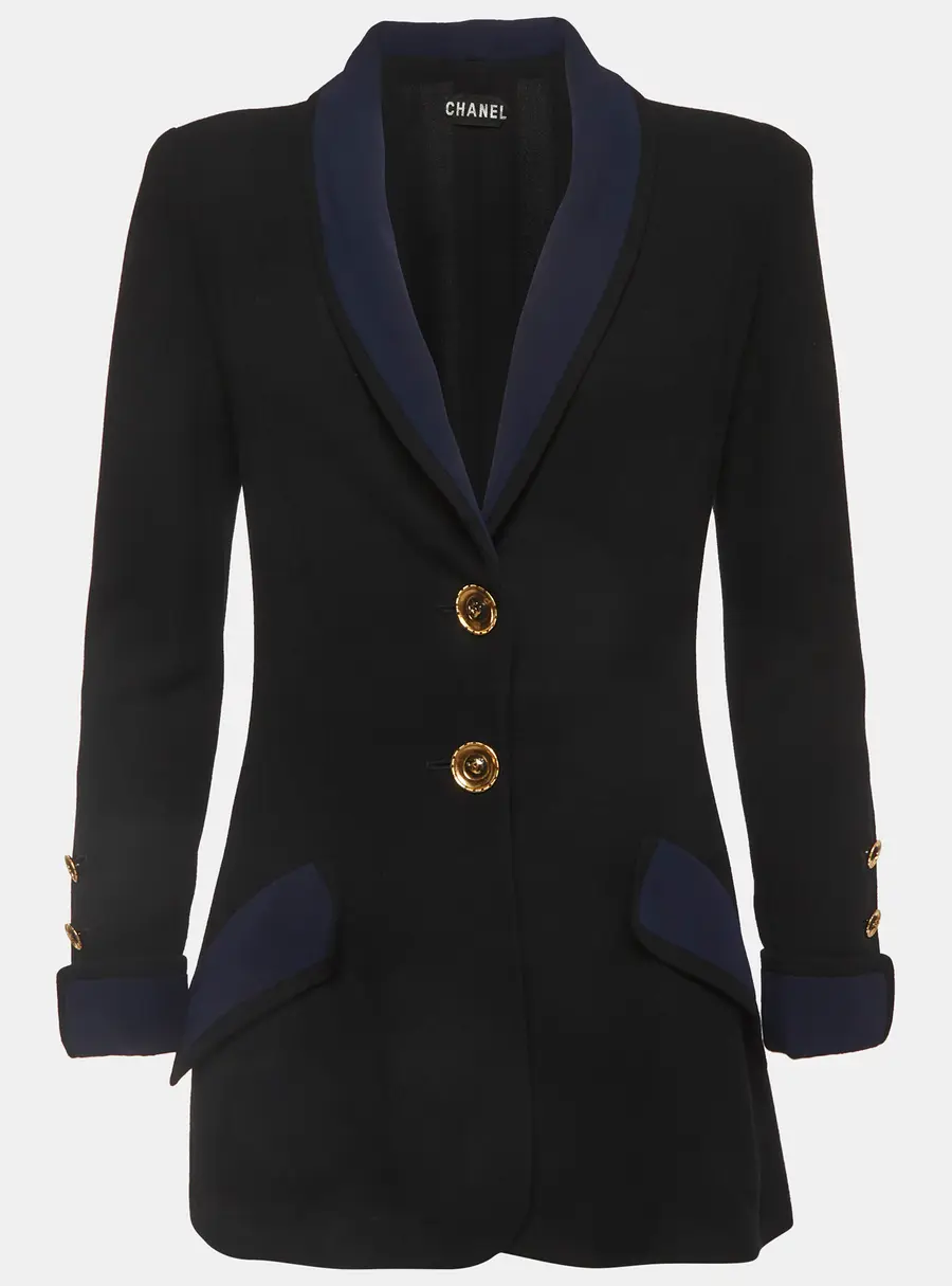 Chanel Vintage Black Crepe Button Front Blazer M