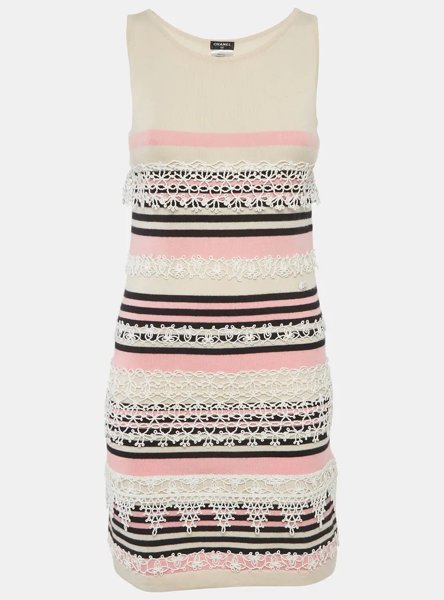Chanel Pink Striped Lace Insert Cashmere Knit Dress S