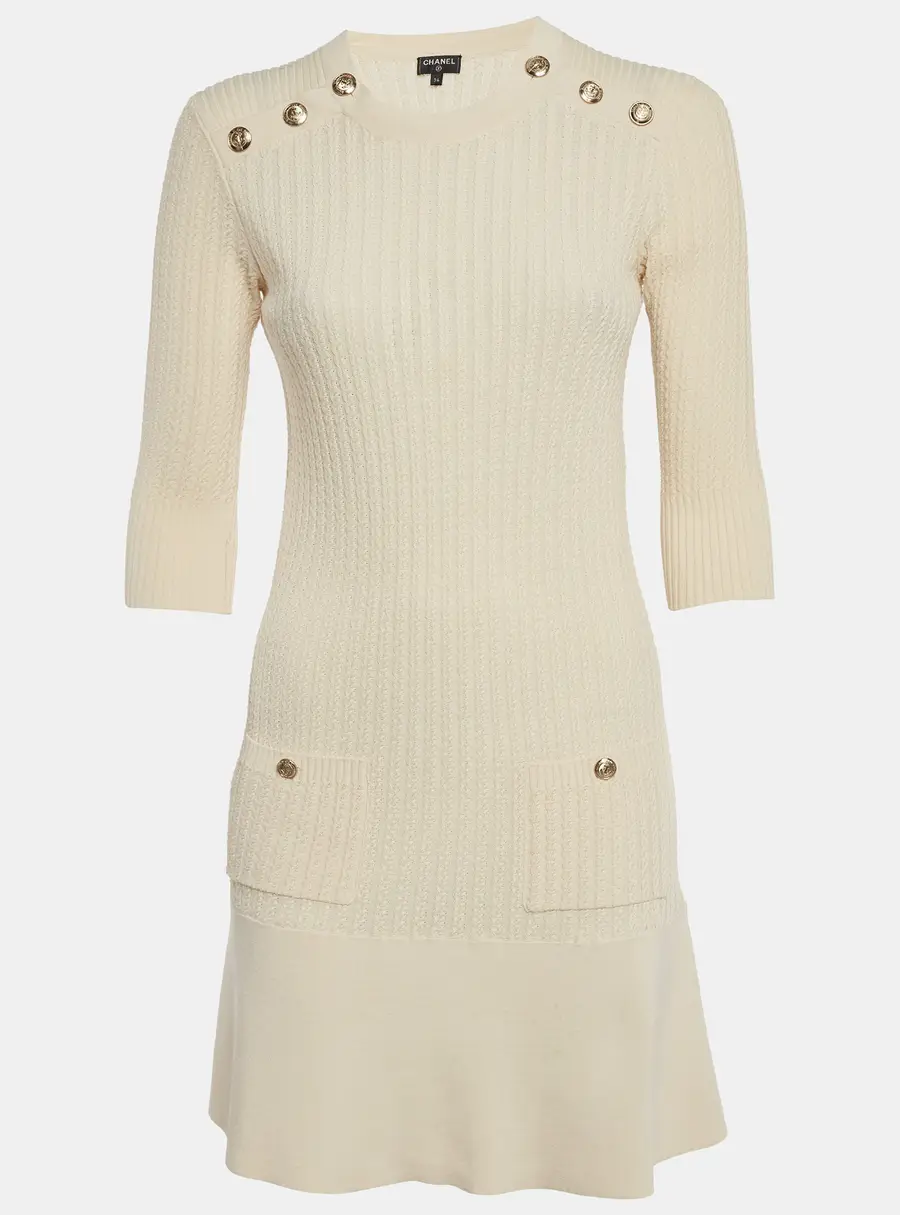 Chanel Cream Rib Knit Crew Neck Mini Dress S