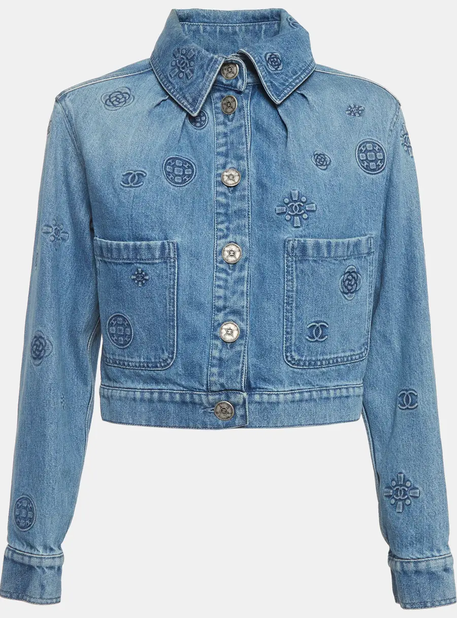 Chanel Blue Logo Patterned Denim Jacket S