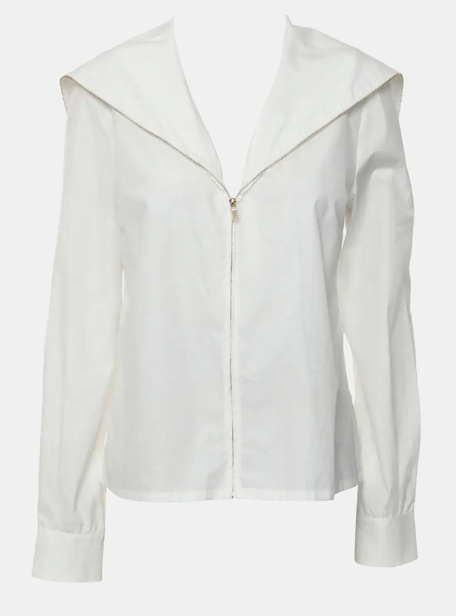 Chanel 18A Rhinestone Buttons Sailor-Collar Zip-Up Cotton Shirt Jacket