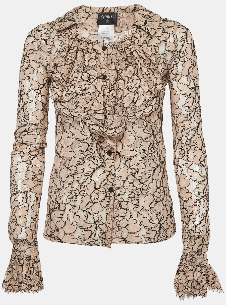 Chanel Beige Lace Ruffled Sheer Shirt S