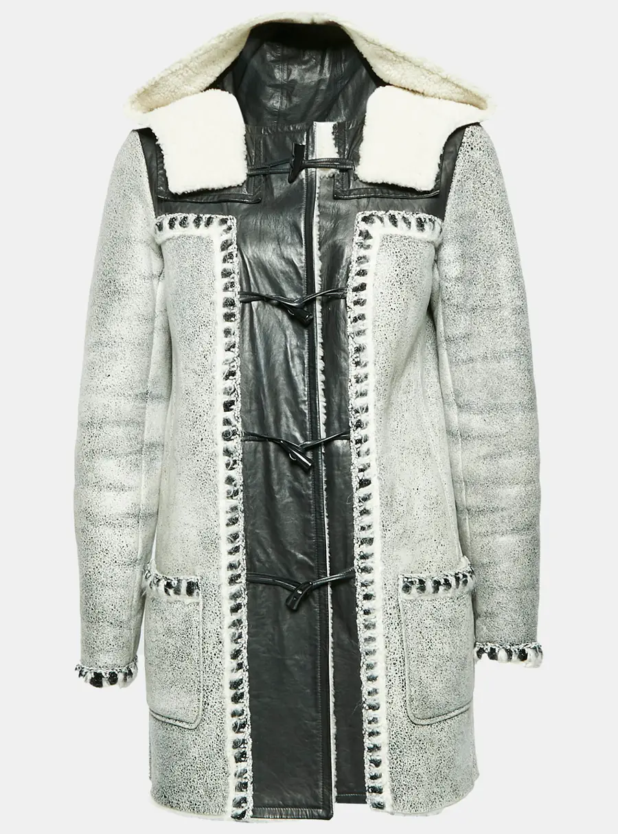 Chanel Black Shearling and Leather Hooded Duffle Coat M