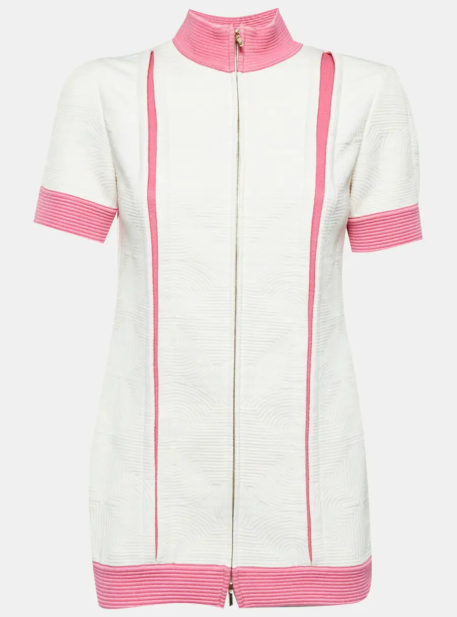 Chanel White/Pink Jacquard Knit Zip-Up Short Sleeve Jacket S
