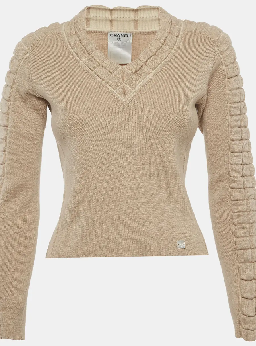 Chanel Beige Wool Knit V-Neck Sweater M