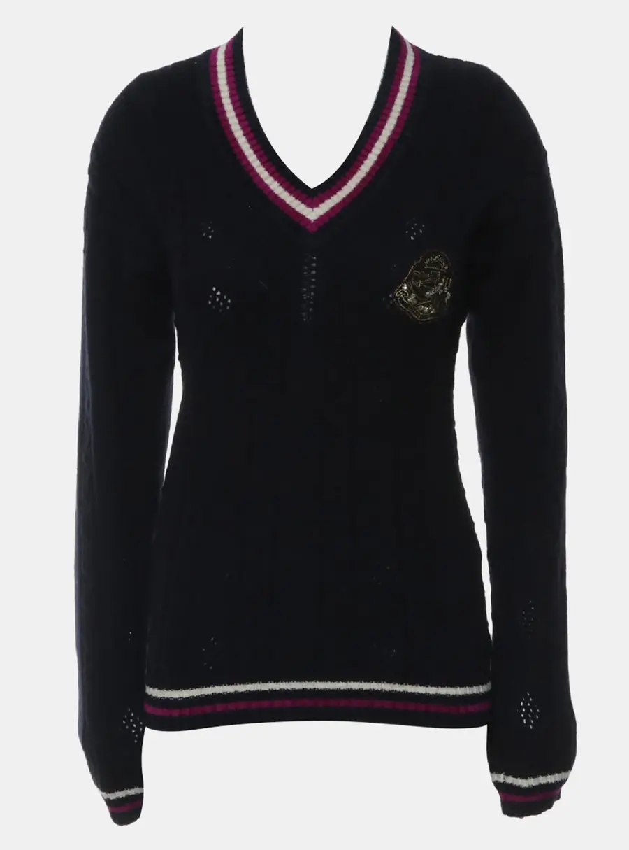 Chanel Cashmere Dark Blue Embellished V-Neck Knit Sweater FR 38