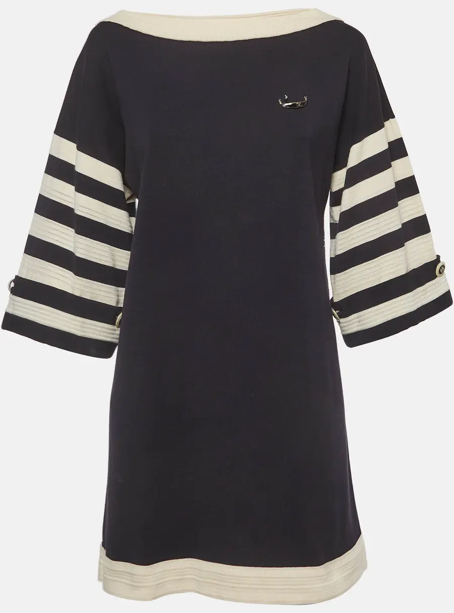 Chanel Navy Blue Striped Knit Brooch Sailor Tunic Dress S