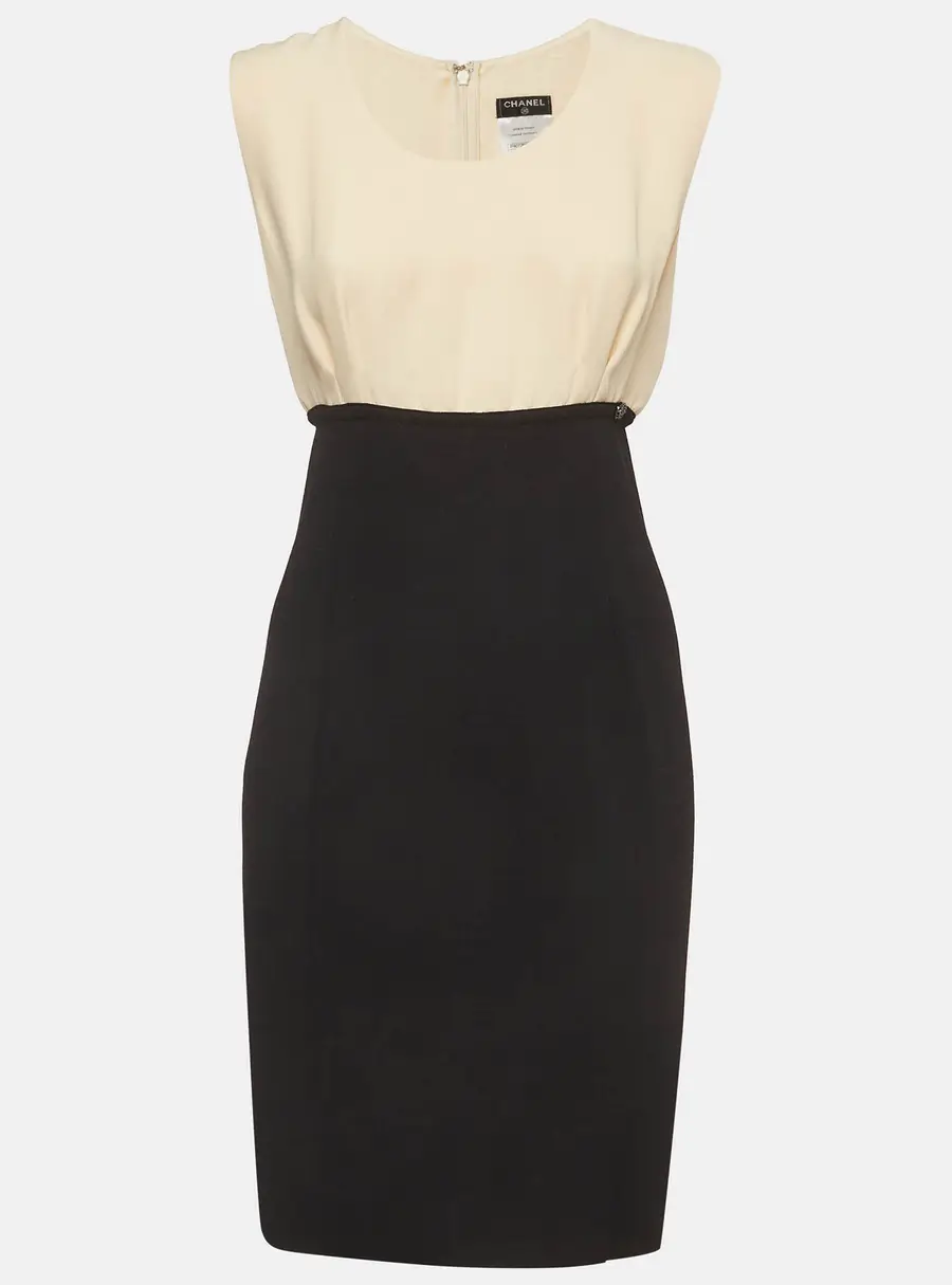 Chanel Beige/Black Silk Crepe and Knit Midi Dress M